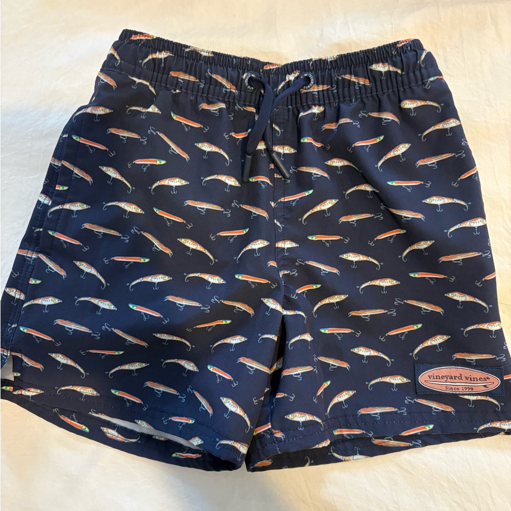 Vineyard Vines Navy Swim Shorts with Orange Fish Accent